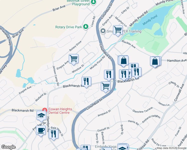 map of restaurants, bars, coffee shops, grocery stores, and more near 23 Alderberry Lane in St. John's