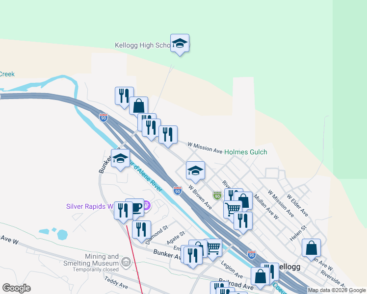 map of restaurants, bars, coffee shops, grocery stores, and more near 607 Riverside Avenue West in Kellogg