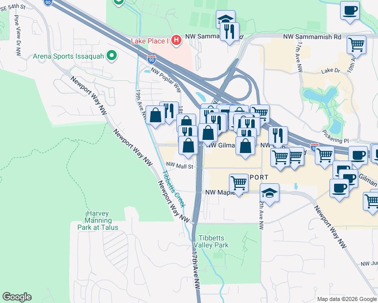 map of restaurants, bars, coffee shops, grocery stores, and more near 1705 Northwest Gilman Boulevard in Issaquah