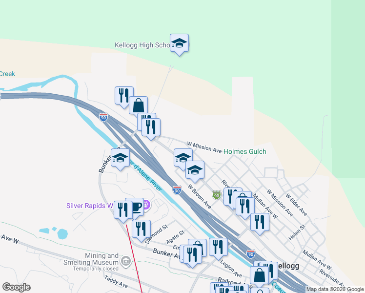 map of restaurants, bars, coffee shops, grocery stores, and more near 607 Riverside Avenue West in Kellogg