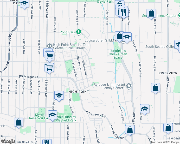 map of restaurants, bars, coffee shops, grocery stores, and more near 6423 High Point Drive Southwest in Seattle