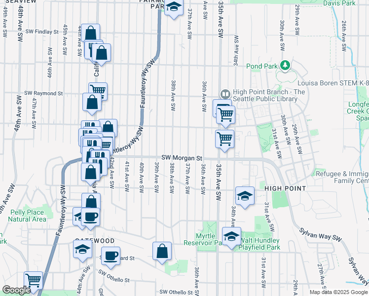 map of restaurants, bars, coffee shops, grocery stores, and more near 6341 37th Avenue Southwest in Seattle