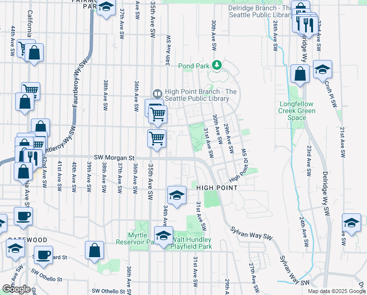 map of restaurants, bars, coffee shops, grocery stores, and more near 3204 Southwest Morgan Street in Seattle
