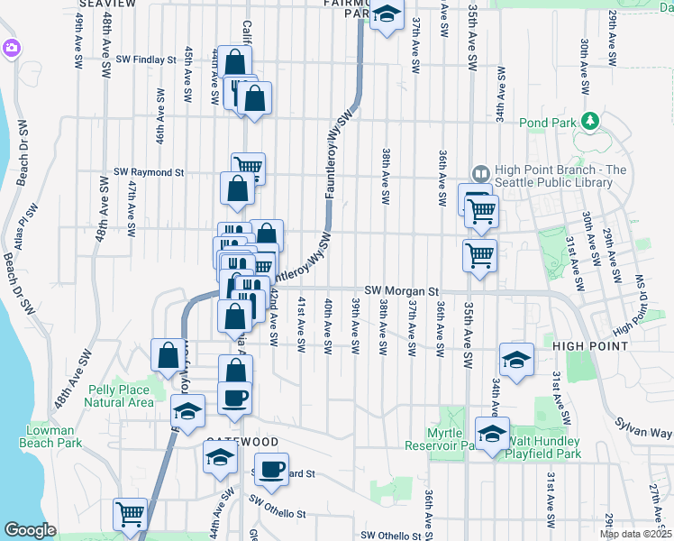map of restaurants, bars, coffee shops, grocery stores, and more near 6337 40th Avenue Southwest in Seattle