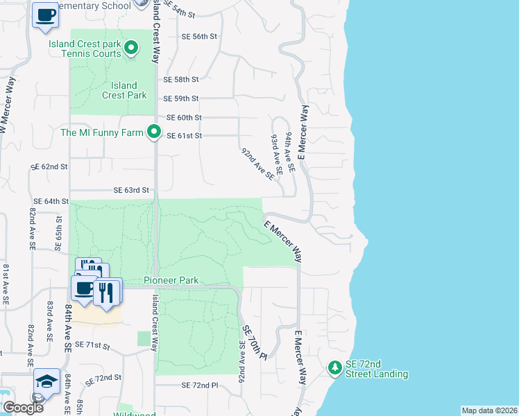 map of restaurants, bars, coffee shops, grocery stores, and more near 9167 Southeast 64th Street in Mercer Island