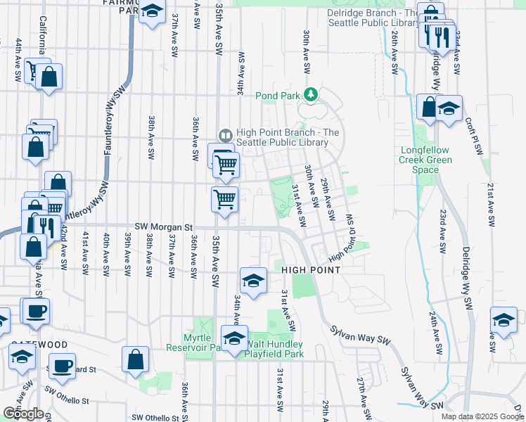 map of restaurants, bars, coffee shops, grocery stores, and more near 3204 Southwest Morgan Street in Seattle