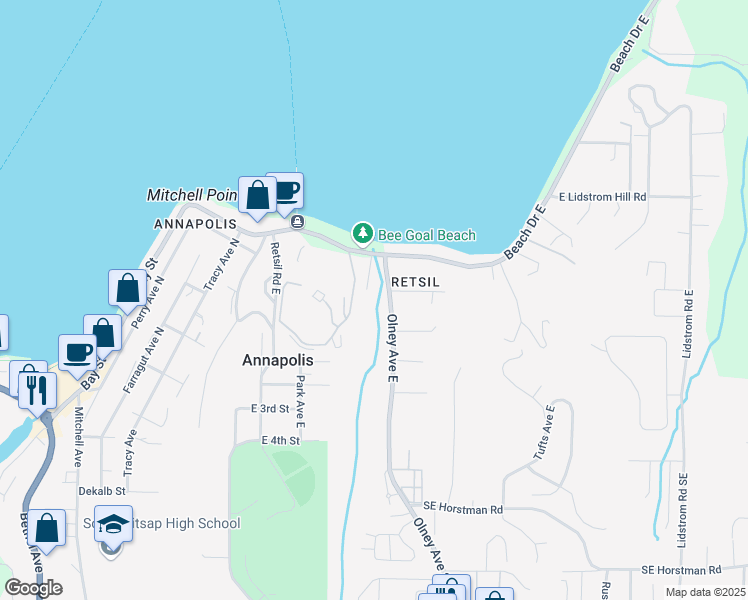 map of restaurants, bars, coffee shops, grocery stores, and more near 1165 Beach Drive East in Port Orchard