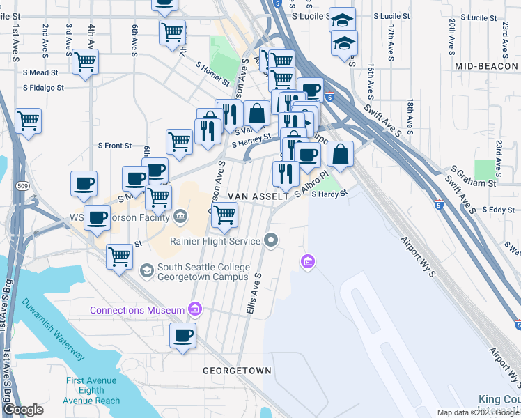 map of restaurants, bars, coffee shops, grocery stores, and more near in Seattle