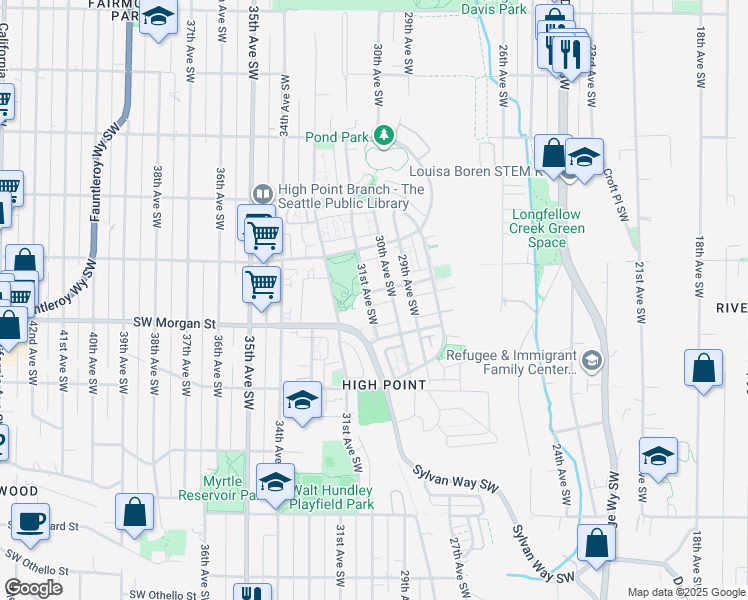 map of restaurants, bars, coffee shops, grocery stores, and more near 3015 Bataan Place Southwest in Seattle