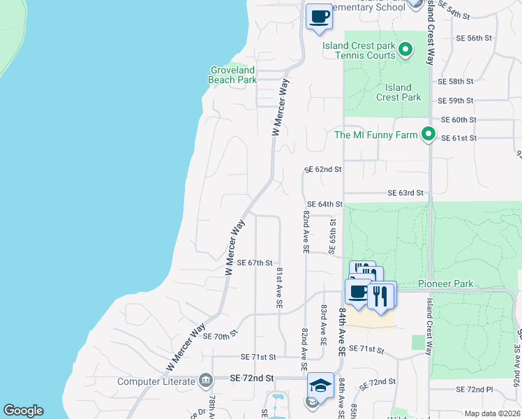map of restaurants, bars, coffee shops, grocery stores, and more near 8000 Southeast 65th Street in Mercer Island