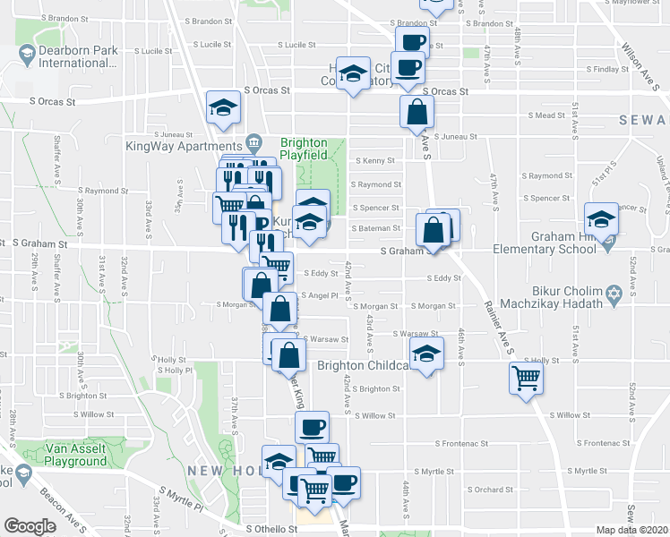 map of restaurants, bars, coffee shops, grocery stores, and more near 3944 South Eddy Street in Seattle