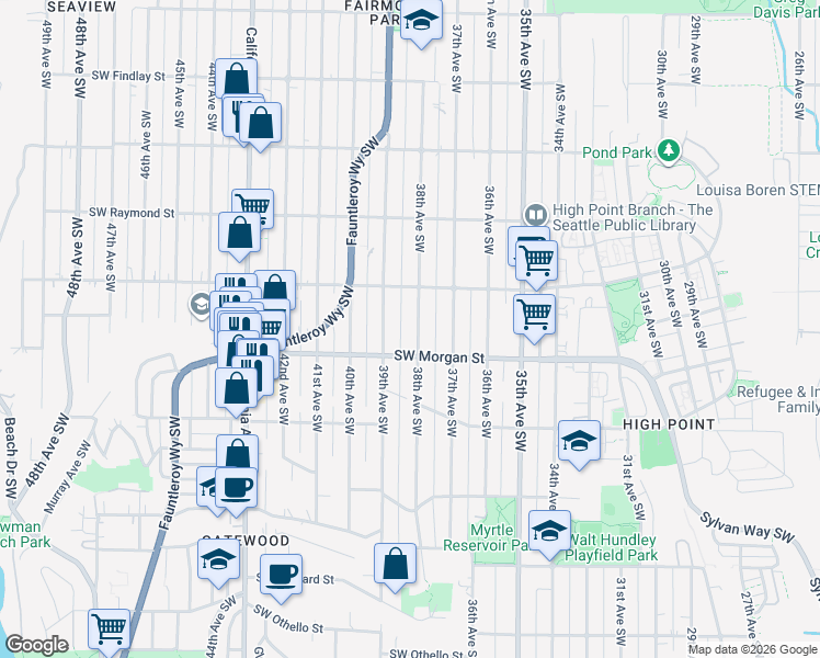 map of restaurants, bars, coffee shops, grocery stores, and more near 6337 38th Avenue Southwest in Seattle