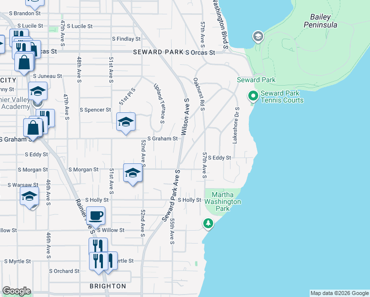 map of restaurants, bars, coffee shops, grocery stores, and more near 6316 Wilson Avenue South in Seattle