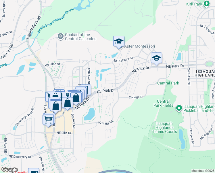 map of restaurants, bars, coffee shops, grocery stores, and more near 1392 Huckleberry Circle in Issaquah