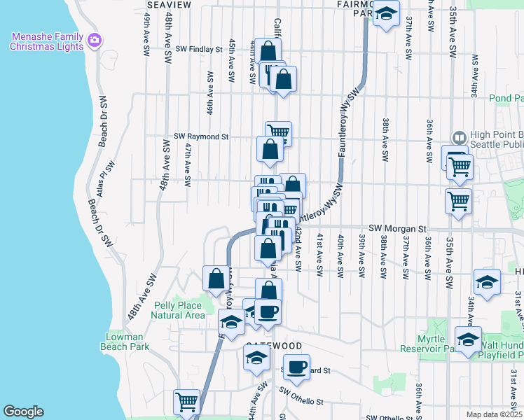 map of restaurants, bars, coffee shops, grocery stores, and more near 4308 Southwest Beveridge Place in Seattle