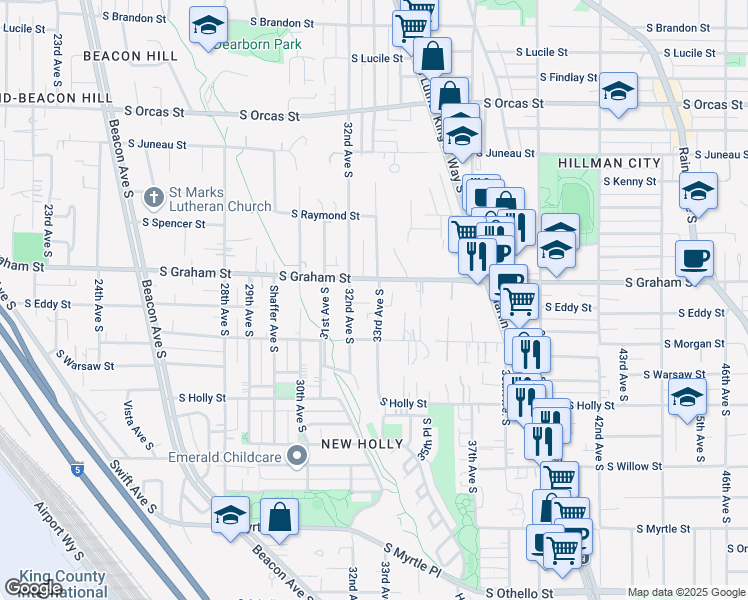 map of restaurants, bars, coffee shops, grocery stores, and more near 6325 33rd Avenue South in Seattle
