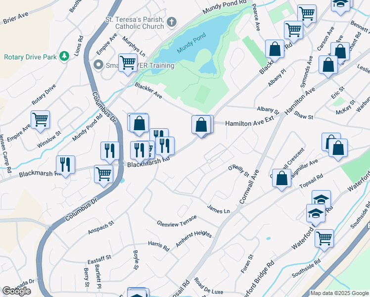 map of restaurants, bars, coffee shops, grocery stores, and more near 211 Blackmarsh Road in Saint John's
