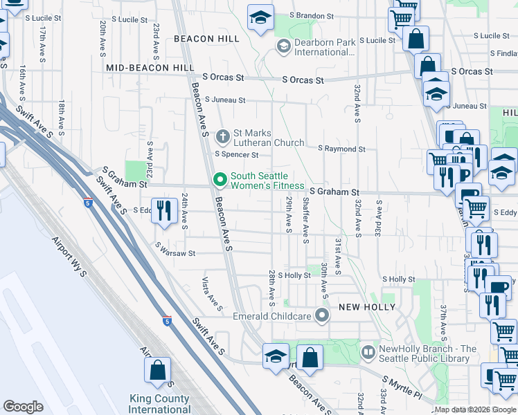 map of restaurants, bars, coffee shops, grocery stores, and more near 2550 South Eddy Street in Seattle