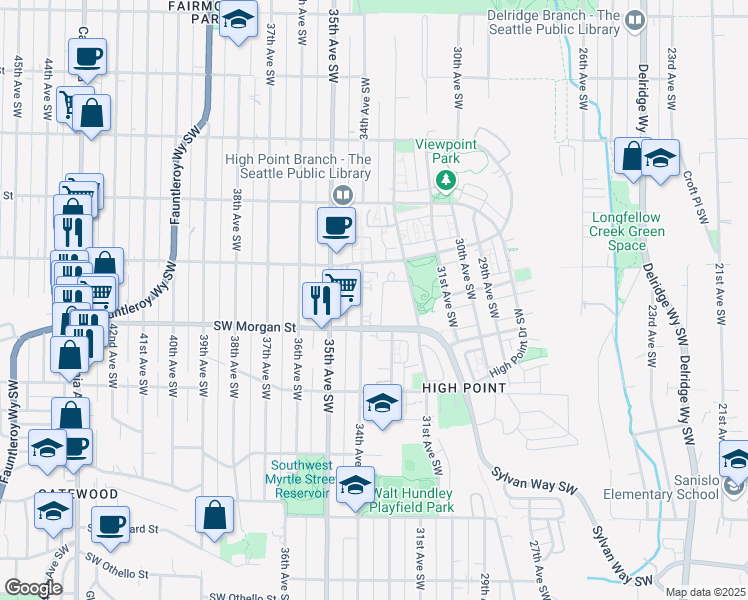 map of restaurants, bars, coffee shops, grocery stores, and more near 6336 34th Avenue Southwest in Seattle