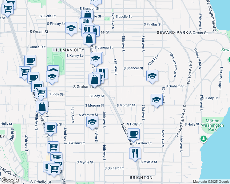 map of restaurants, bars, coffee shops, grocery stores, and more near 209 47th Avenue South in Seattle