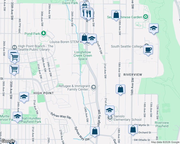 map of restaurants, bars, coffee shops, grocery stores, and more near 6341 Delridge Way Southwest in Seattle