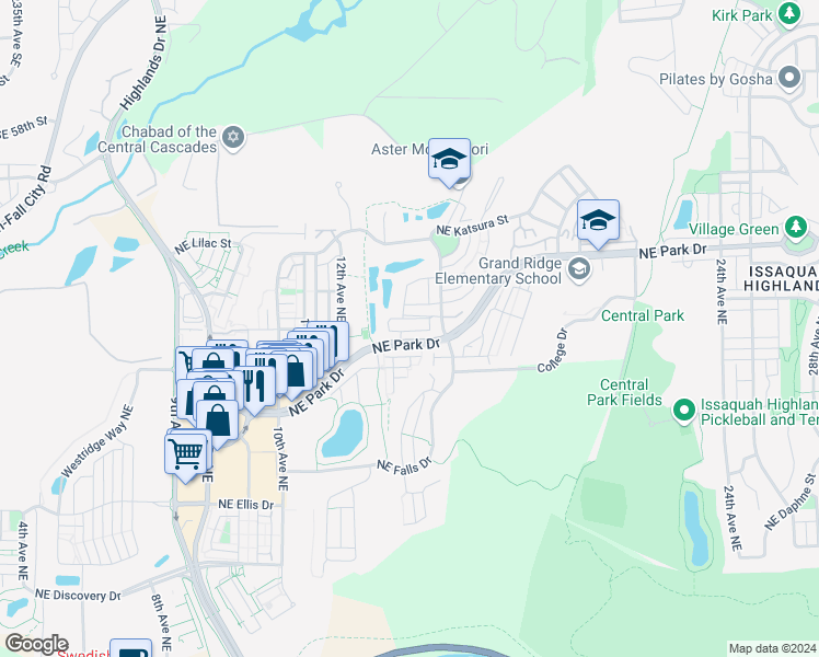 map of restaurants, bars, coffee shops, grocery stores, and more near 1618 Huckleberry Circle in Issaquah
