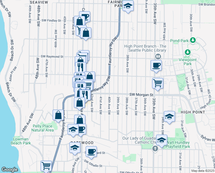 map of restaurants, bars, coffee shops, grocery stores, and more near 6337 40th Avenue Southwest in Seattle