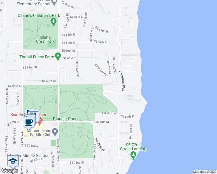 map of restaurants, bars, coffee shops, grocery stores, and more near 9185 Southeast 64th Street in Mercer Island