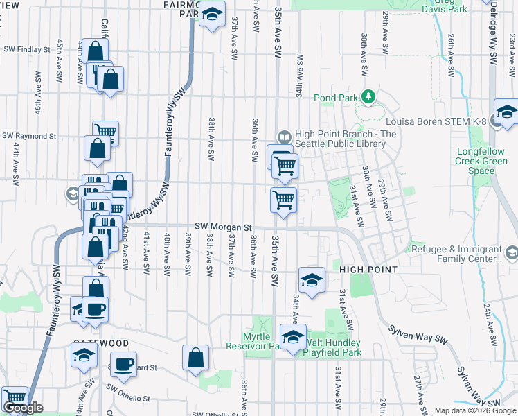 map of restaurants, bars, coffee shops, grocery stores, and more near 6332 36th Avenue Southwest in Seattle