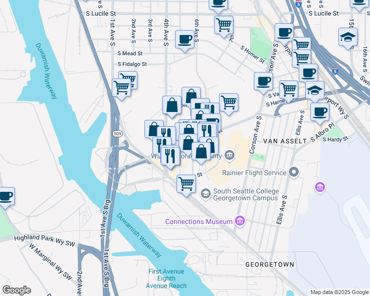 map of restaurants, bars, coffee shops, grocery stores, and more near 503 South Michigan Street in Seattle