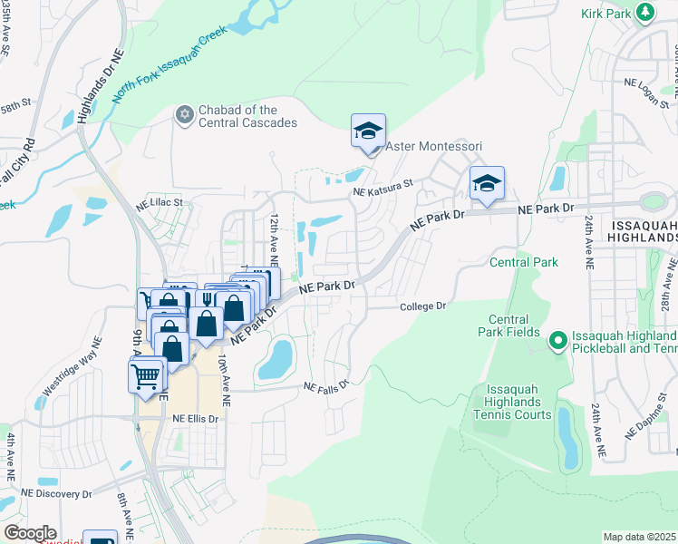 map of restaurants, bars, coffee shops, grocery stores, and more near 1460 Northeast Hawthorne Street in Issaquah