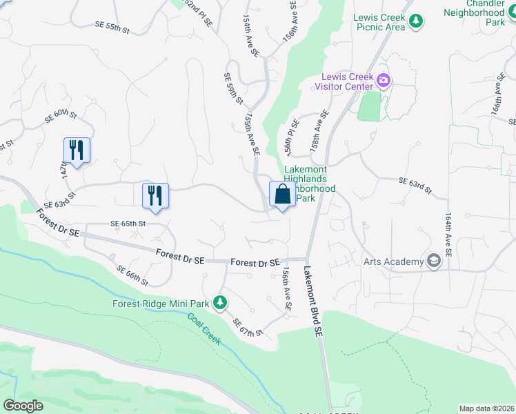 map of restaurants, bars, coffee shops, grocery stores, and more near 15500 Southeast 63rd Street in Bellevue