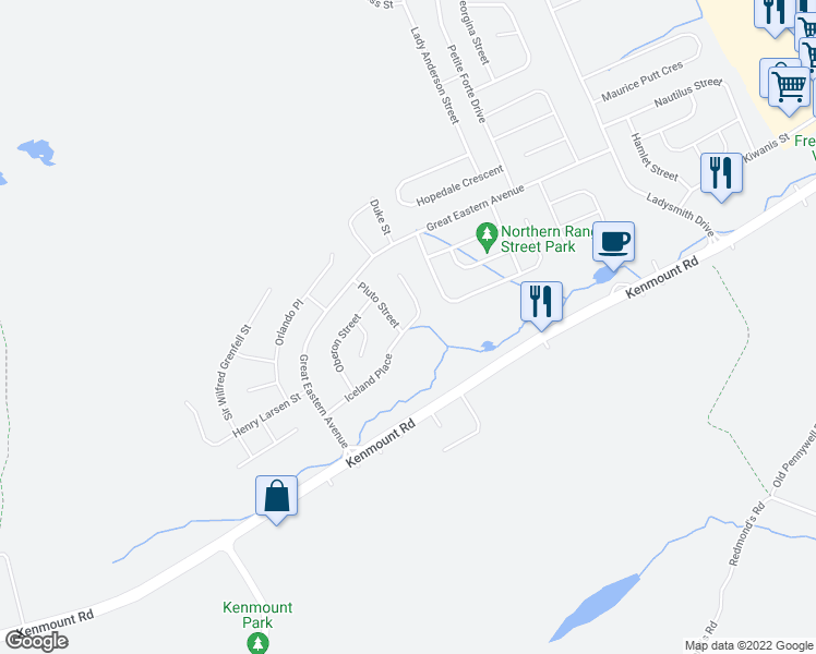 map of restaurants, bars, coffee shops, grocery stores, and more near 44 Iceland Place in St. John's