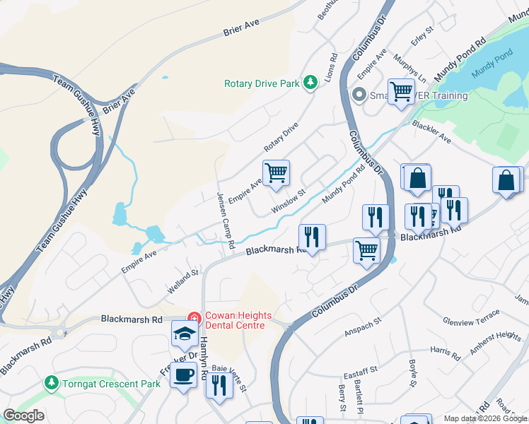 map of restaurants, bars, coffee shops, grocery stores, and more near 70 Winslow Street in St. John's