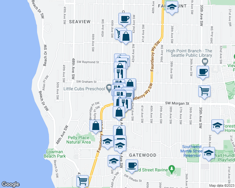 map of restaurants, bars, coffee shops, grocery stores, and more near 4308 Southwest Beveridge Place in Seattle