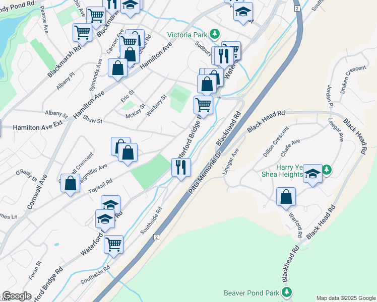 map of restaurants, bars, coffee shops, grocery stores, and more near 33 Waterford Bridge Road in St. John's