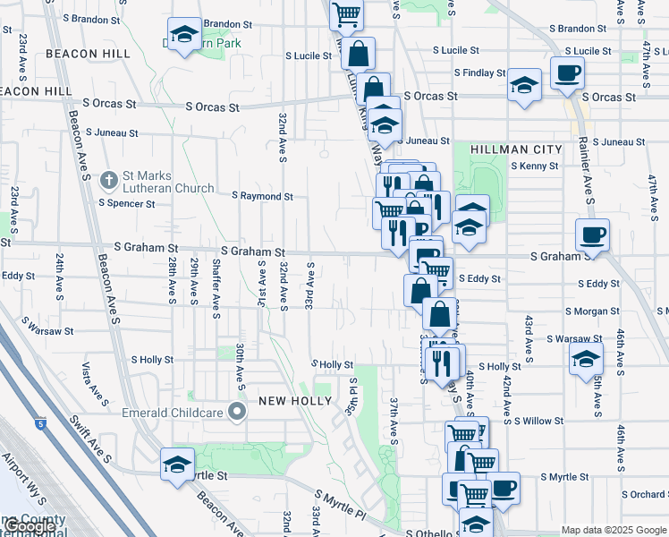 map of restaurants, bars, coffee shops, grocery stores, and more near 3325 South Graham Street in Seattle