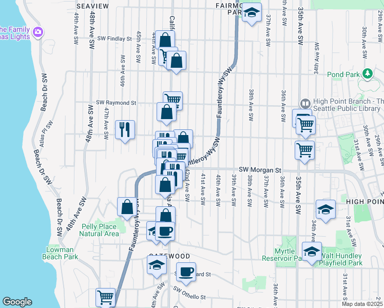 map of restaurants, bars, coffee shops, grocery stores, and more near 6407 Fauntleroy Way Southwest in Seattle