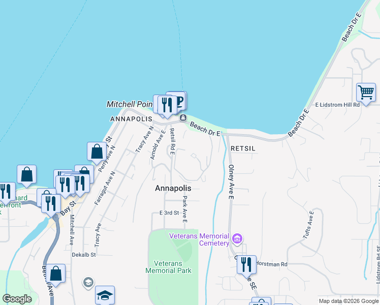map of restaurants, bars, coffee shops, grocery stores, and more near 1141 Beach Drive East in Port Orchard