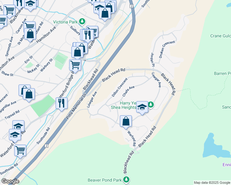 map of restaurants, bars, coffee shops, grocery stores, and more near Dillon Crescent in St. John's