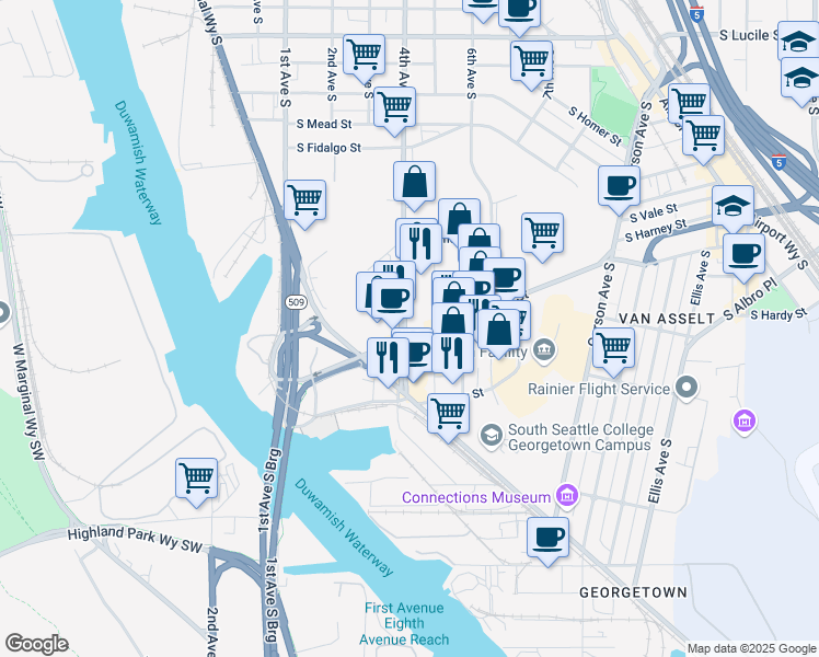 map of restaurants, bars, coffee shops, grocery stores, and more near 6220 4th Avenue South in Seattle