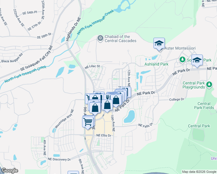 map of restaurants, bars, coffee shops, grocery stores, and more near 1757 9th Court Northeast in Issaquah