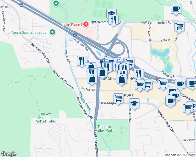map of restaurants, bars, coffee shops, grocery stores, and more near 1640 Northwest Gilman Boulevard in Issaquah