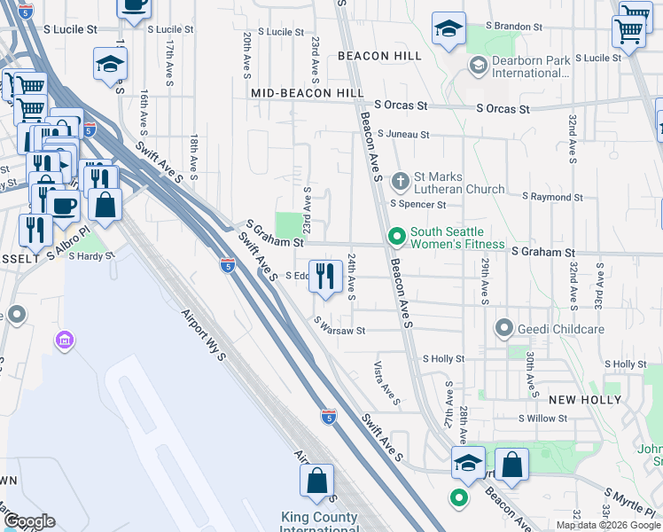 map of restaurants, bars, coffee shops, grocery stores, and more near 2306 South Eddy Street in Seattle