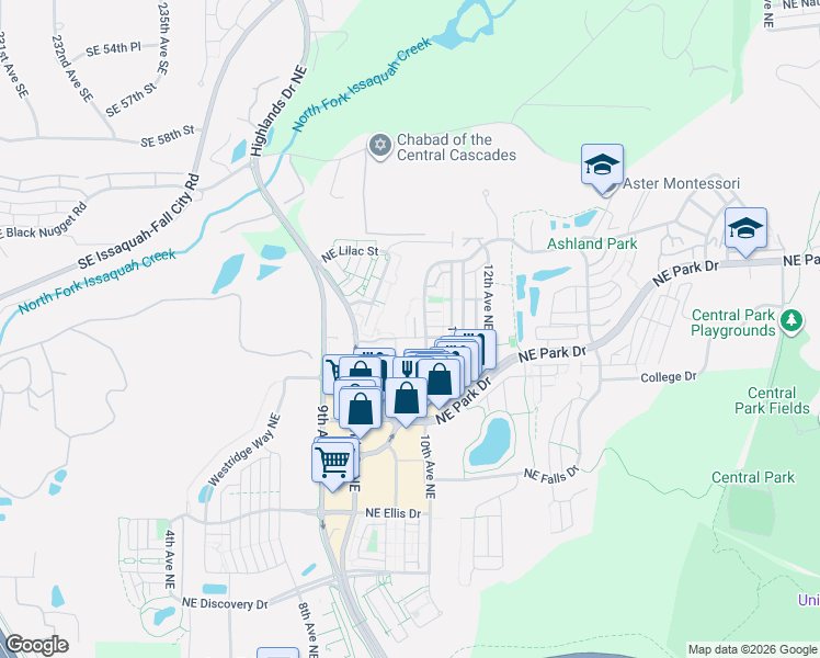 map of restaurants, bars, coffee shops, grocery stores, and more near 1757 9th Court Northeast in Issaquah