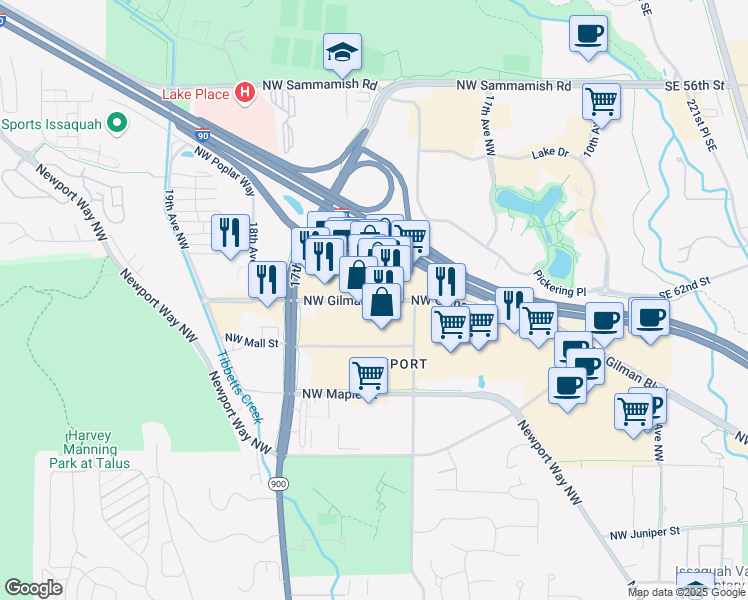 map of restaurants, bars, coffee shops, grocery stores, and more near 1359 Northwest Gilman Boulevard in Issaquah