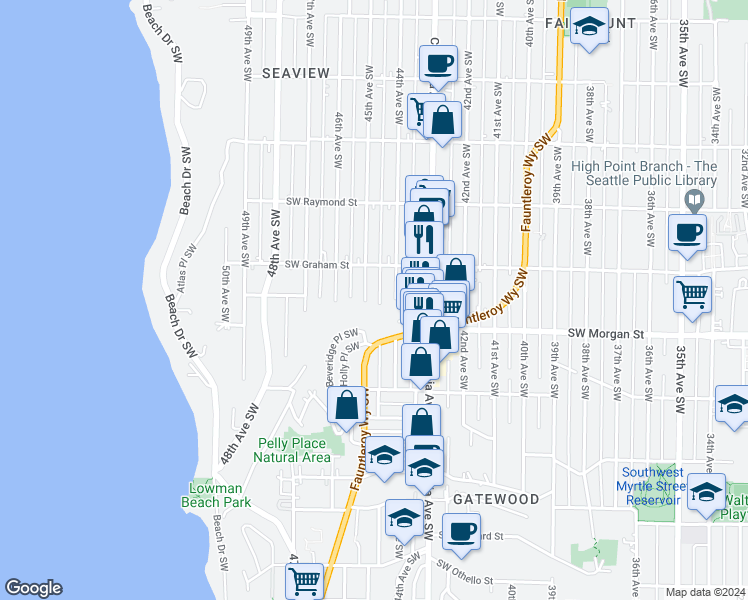 map of restaurants, bars, coffee shops, grocery stores, and more near 6334 45th Avenue Southwest in Seattle