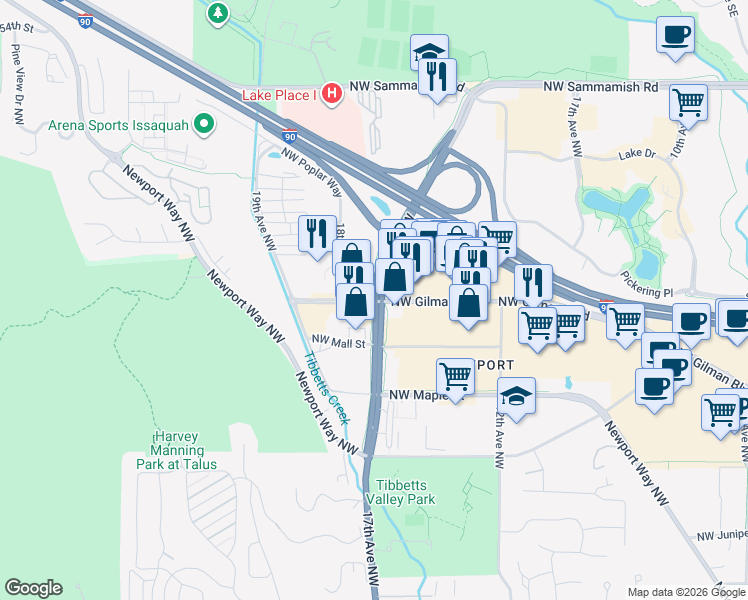 map of restaurants, bars, coffee shops, grocery stores, and more near 1640 Northwest Gilman Boulevard in Issaquah