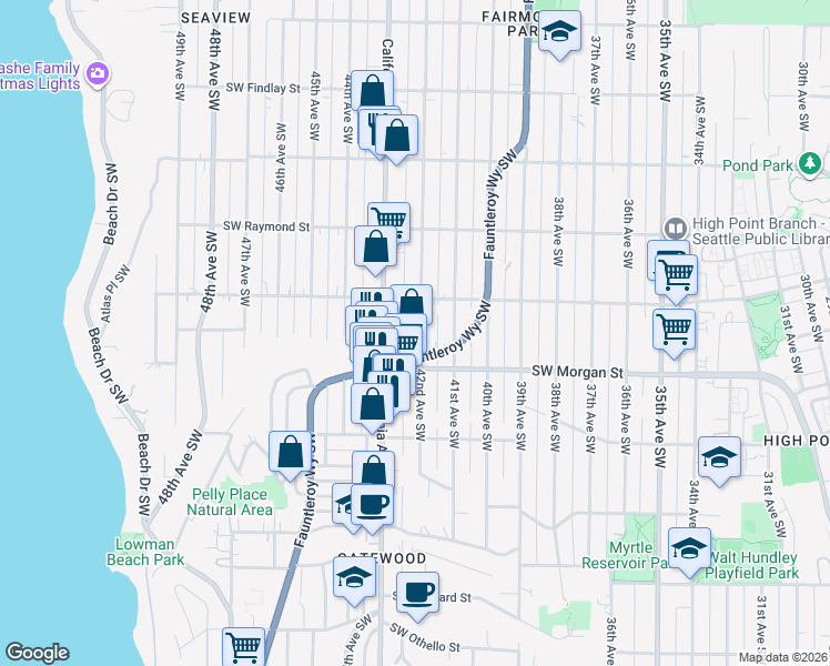 map of restaurants, bars, coffee shops, grocery stores, and more near 6329 42nd Avenue Southwest in Seattle