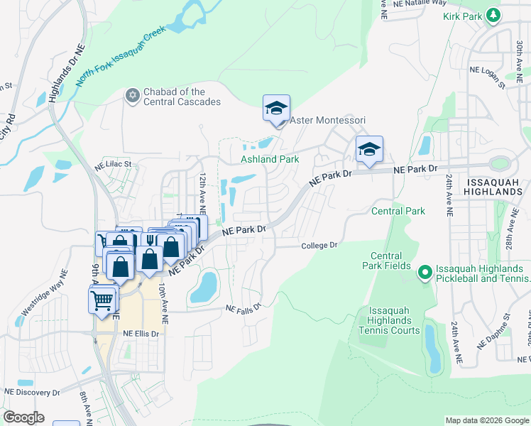 map of restaurants, bars, coffee shops, grocery stores, and more near 1460 Huckleberry Circle in Issaquah